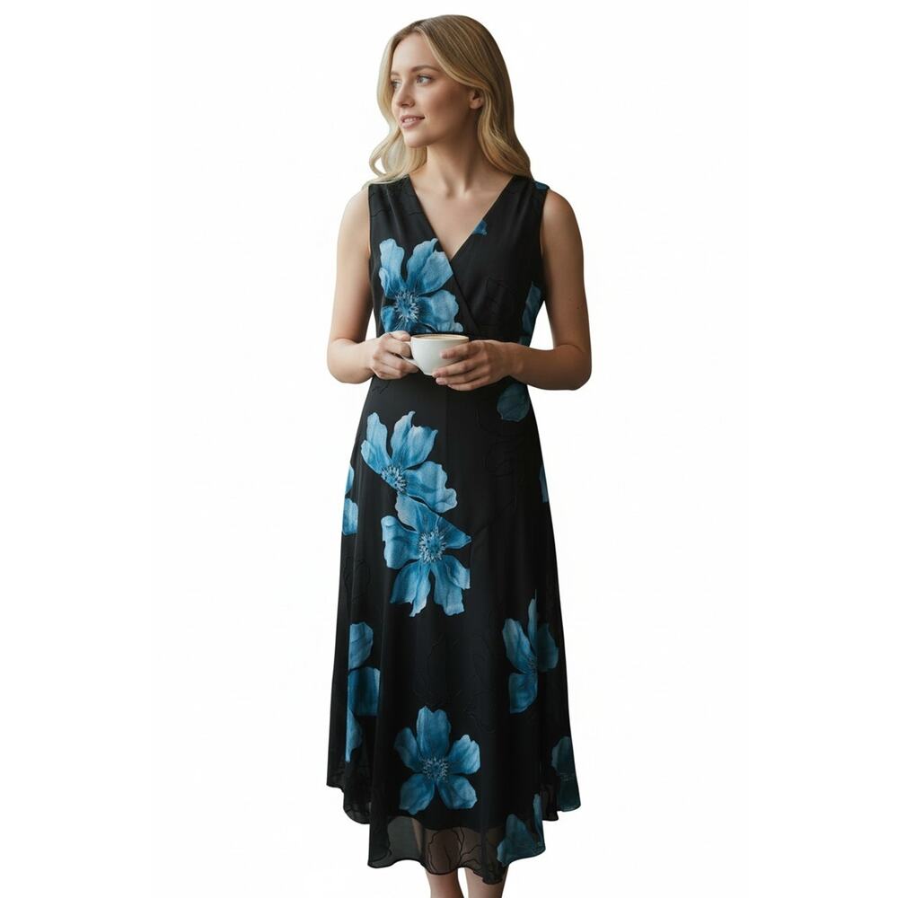 dressbarn Black Maxi Dress with Blue Floral Print